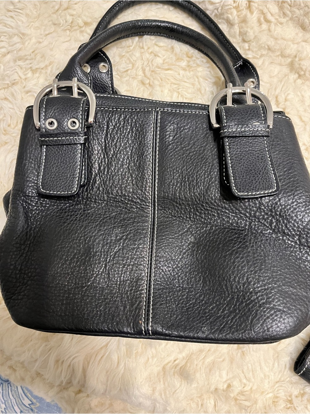 Black Leather Buckle-Accent Satchel Handbag